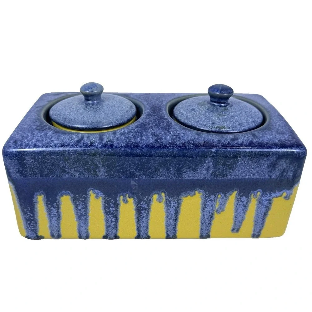 Ceramic Vanity Organizer Sink Caddy Lidded Jars Blue Drip Glaze on Yellow